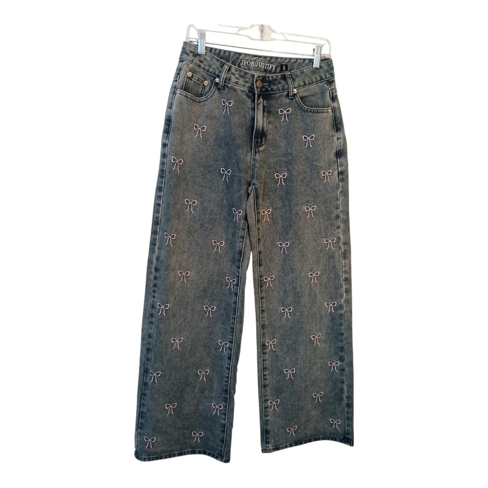 J For Justify Women's 5 Wide-Leg Pink Embroidered Bows Mid Rise Med Wash Jeans